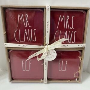 NWT Rae Dunn Christmas/Holiday/Seasonal Ceramic 4PC Coasters Mr. Mrs. Claus Elf